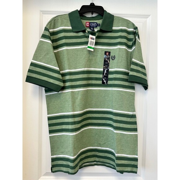 Chaps Polo Shirt Large Short Sleeve Golf Striped Green Ralph Lauren 100% Cotton - Picture 1 of 3